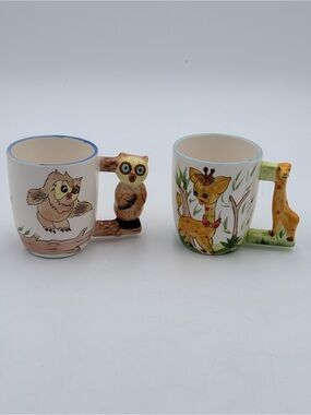 Vintage MCM Set of 2 70s Mugs 3D Giraffe & Owl - Saba - Hand Painted Ceramic